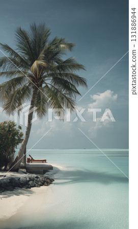 Tropical palm tree beach ocean turquoise water white sand lounge chair tropical sky clouds tranquil seascape 131886944