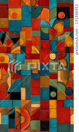 Vibrant geometric folk art mosaic with floral motif and textured wood blocks, warm red orange teal palette evokes rustic handcrafted decor 131886953