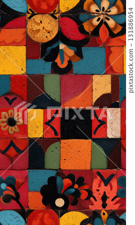 Colorful floral tile collage with geometric pattern, painted ceramic mosaic, vibrant red yellow blue orange, decorative folk art inspired texture, rustic aged surface, handcrafted charm Colorful floral tile collage with geometric pattern, painted ceramic mosaic, vibrant red yellow blue orange, decorative folk art inspired texture, rustic aged surface, handcrafted charm 131886954