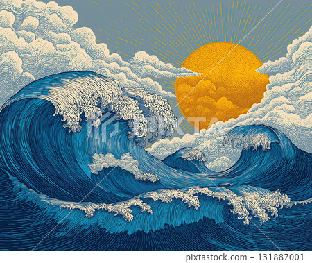 Dramatic ocean wave with foamy crest under large golden sun and textured cloud, dynamic seascape illustration conveying powerful energy and serene light 131887001