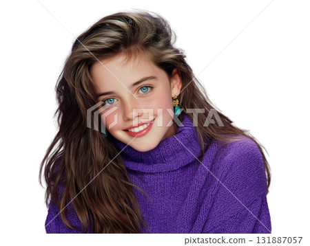 Smiling young woman with blue eyes wearing purple sweater and turquoise earrings, soft natural light highlights hair and freckled cheeks, cozy portrait with warm expression 131887057