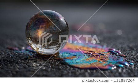 Glass sphere resting on asphalt with iridescent oil shimmer and reflective water droplets, moody close up with shallow depth of field and colorful bokeh 131887204