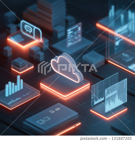 Cloud computing platform data storage visualization with neon glowing circuit and analytics dashboard, futuristic digital infrastructure and network connectivity emphasizing innovation 131887205