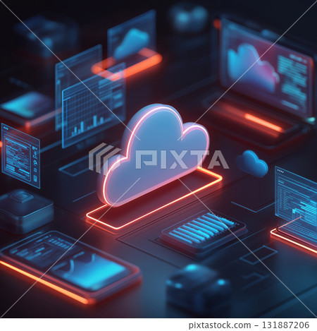 Cloud computing platform, neon cloud icon, digital network, data visualization, technology, server connection, futuristic interface 131887206