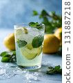 Fresh lemon mint lemonade with ice and sparkling water, refreshing summer beverage with citrus slice and mint garnish 131887218