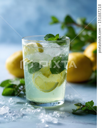 Fresh lemon mint lemonade with ice and sparkling water, refreshing summer beverage with citrus slice and mint garnish 131887218