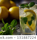 Sparkling lemonade with lemon slice mint and ice in tall glass refreshing summer drink bright citrus beverage 131887224