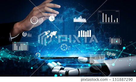 Futuristic Robotic Hand Interacting with Data Visualizations and Charts Representing Technology and Business Analytics in a Digital Environment xenic Futuristic Robotic Hand Interacting with Data Visualizations and Charts Representing Technology and Business Analytics in a Digital Environment xenic 131887290