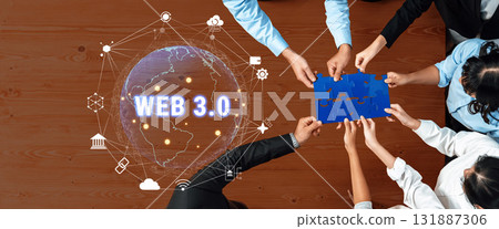 Team Collaboration on Web 3.0 Concept with Puzzle Pieces and Digital Network Connections Representing Future Technologies Trope Team Collaboration on Web 3.0 Concept with Puzzle Pieces and Digital Network Connections Representing Future Technologies Trope 131887306