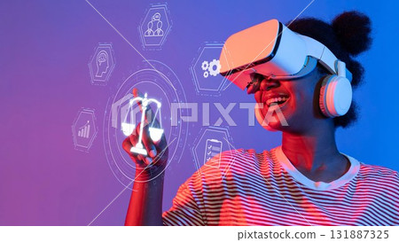 Young woman wearing virtual reality headset, interacting with digital interface, scales of justice symbol, technology and innovation in law concept. Raster Young woman wearing virtual reality headset, interacting with digital interface, scales of justice symbol, technology and innovation in law concept. Raster 131887325