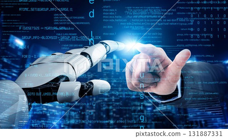 Human Hand and Robotic Hand Reaching Towards Each Other in a Futuristic Digital Environment with Code and Data Streams Representing AI and Technology xenic Human Hand and Robotic Hand Reaching Towards Each Other in a Futuristic Digital Environment with Code and Data Streams Representing AI and Technology xenic 131887331
