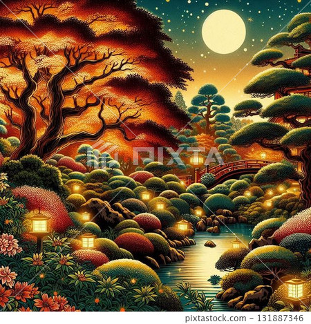 夜晚美麗的日本花園，日本燈火通明的旅遊景點 131887346