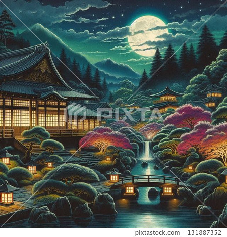 夜晚美麗的日本花園，日本燈火通明的旅遊景點 131887352