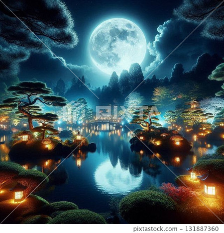 夜晚美麗的日本花園，日本燈火通明的旅遊景點 131887360