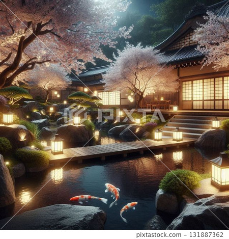 Beautiful Japanese gardens at night, illuminated tourist spots in Japan 131887362