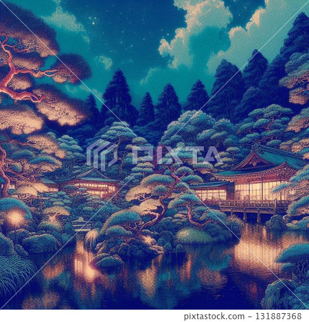 夜晚美麗的日本花園，日本燈火通明的旅遊景點 131887368