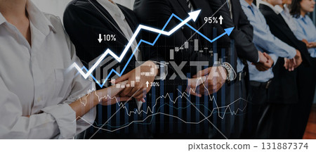 Business professionals in formal attire collaborating on growth strategies, with a financial growth chart overlay depicting upward trends and progress values Scalp Business professionals in formal attire collaborating on growth strategies, with a financial growth chart overlay depicting upward trends and progress values Scalp 131887374