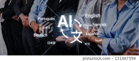 Diverse Group of Professionals Representing Various Languages and Cultures with AI Technology Concept in Modern Business Environment Trope Diverse Group of Professionals Representing Various Languages and Cultures with AI Technology Concept in Modern Business Environment Trope 131887399