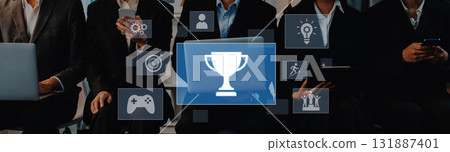 Group of Business Professionals Engaging with Technology and Symbols of Achievement in a Modern Office Setting Trope 131887401