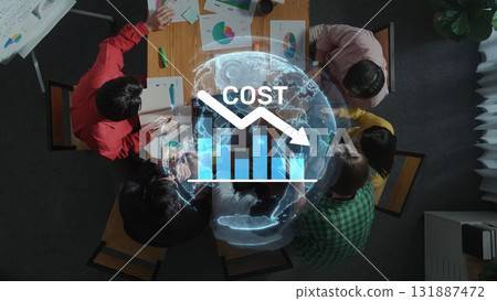 Team Meeting on Business Strategy with Cost Management Focus Featuring Charts and Global Data Representation. Raster 131887472