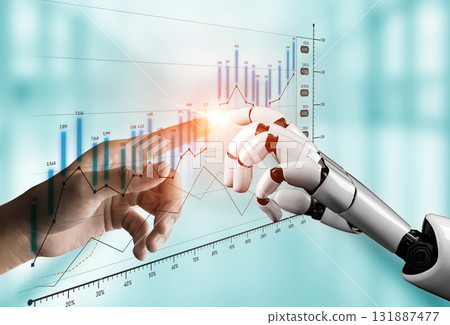 Human and Robot Hands Touching with Graphs Displaying Growth, Innovation, and Technology Concepts Representing Artificial Intelligence in Business Scalp 131887477