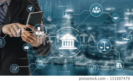 Digital law interface displaying justice scale, highlighting digital law Muxer 131887479
