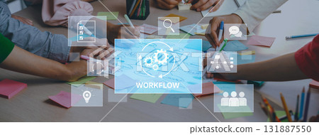 Collaborative Teamwork on Workflow Strategy with Sticky Notes and Digital Interface for Project Management and Creative Solutions Trope 131887550