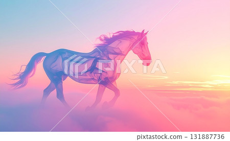 以日出為背景，白馬奔跑在雲海。馬年新年賀卡素材。 131887736