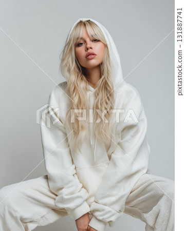 A woman relaxing in a white hoodie | A calm and natural everyday image surrounded by natural light A woman relaxing in a white hoodie | A calm and natural everyday image surrounded by natural light 131887741
