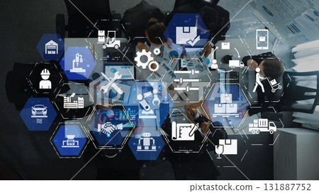 Mechanized industry automation with robotic arms, gears and production line icons Funnel Mechanized industry automation with robotic arms, gears and production line icons Funnel 131887752