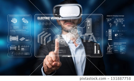 Businessman Using Virtual Reality Technology to Explore Electric Vehicle Concepts and Charging Solutions in a Modern Digital Environment. Raster Businessman Using Virtual Reality Technology to Explore Electric Vehicle Concepts and Charging Solutions in a Modern Digital Environment. Raster 131887758