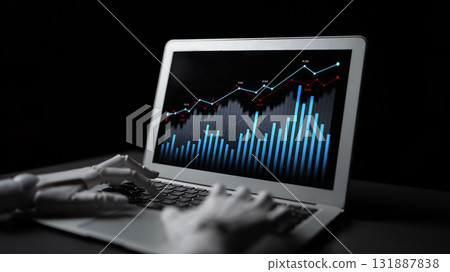 Human-like robotic hand interacts with laptop displaying dynamic financial data and modern analytics visualization in a dark environment Scalp Human-like robotic hand interacts with laptop displaying dynamic financial data and modern analytics visualization in a dark environment Scalp 131887838