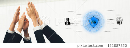 Hands Reaching Up in Celebration with VPN Symbol Representing Online Security and Safe Connectivity in Digital Environment for Stock Photo Use Trope 131887850