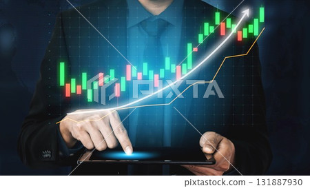 Businessman using tablet to analyze financial data with stock market graph and trend lines showing growth in digital environment Copula Businessman using tablet to analyze financial data with stock market graph and trend lines showing growth in digital environment Copula 131887930