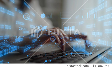 Abstract digital background with hands on keyboard, data visualization on screen, modern technology and analytics concept for business and finance industries xenic Abstract digital background with hands on keyboard, data visualization on screen, modern technology and analytics concept for business and finance industries xenic 131887935