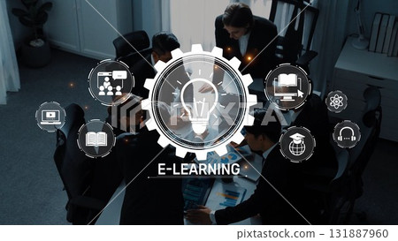 Innovative E-Learning Solutions in Business Environment with Collaboration, Technology, and Interactive Training Elements for Modern Education. Raster 131887960