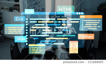 Dynamic Programming Session with Diverse Coding Languages Including HTML, , C, and in a Modern Office Setting. Raster Dynamic Programming Session with Diverse Coding Languages Including HTML, , C, and in a Modern Office Setting. Raster 131888005