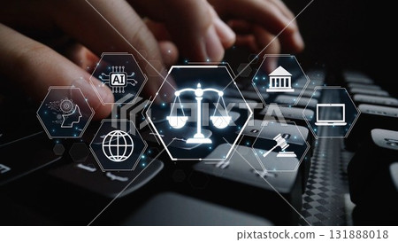 Digital law interface displaying justice scale, highlighting digital law Muxer Digital law interface displaying justice scale, highlighting digital law Muxer 131888018