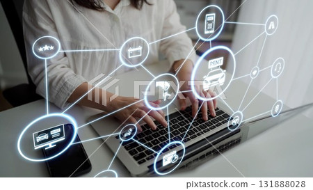 Online car rental service with digital booking and vehicle sharing icons Funnel 131888028