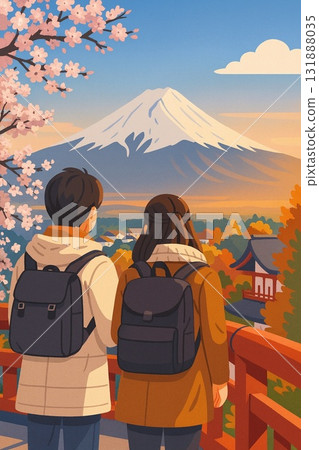 Illustration of a couple sightseeing with Mount Fuji and cherry blossoms in the background 131888035