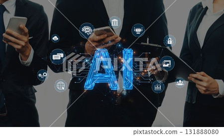 Professional Business Team Using Smartphones and Tablets with Artificial Intelligence Concept Overlay in Modern Office Environment. Raster 131888080