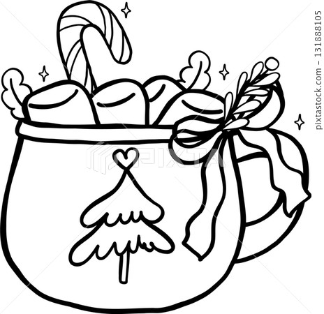 Coquette Preppy Christmas Bookish Reading outline, Festive Mug of Hot Chocolate and Marshmallows Illustration Cartoon Hand Drawn Coquette Preppy Christmas Bookish Reading outline, Festive Mug of Hot Chocolate and Marshmallows Illustration Cartoon Hand Drawn 131888105