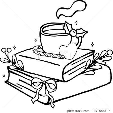 Coquette Preppy Christmas Bookish Reading outline, Festive Books Stacked with Hot Drink and Cookie Cartoon Hand Drawn Coquette Preppy Christmas Bookish Reading outline, Festive Books Stacked with Hot Drink and Cookie Cartoon Hand Drawn 131888106