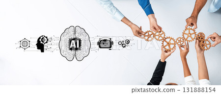 Collaboration and Innovation in Artificial Intelligence with Hands, Gears, and Brain Illustrations, Symbolizing Technology and Future Progress Trope 131888154