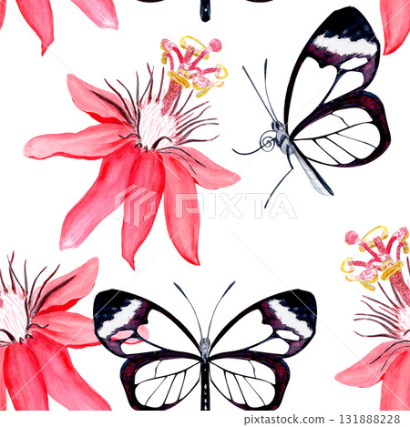 Glasswing butterfly and passionflower blossom elegant watercolor seamless pattern on white. Hand-painted art perfect for tropical decor, botanical card, eco branding, packaging, or wedding invitations 131888228