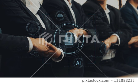 Business team collaboration with digital security elements, representing artificial intelligence, cybersecurity, and teamwork in corporate environment. Raster Business team collaboration with digital security elements, representing artificial intelligence, cybersecurity, and teamwork in corporate environment. Raster 131888235