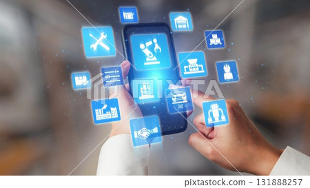 Mechanized industry automation with robotic arms, gears and production line icons Gist 131888257