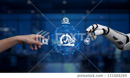 Human and Robot Collaboration in Digital Transformation, Hands Reaching for Technology Interface, Futuristic Workspace with Data Visualizations Synapse 131888260