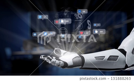Futuristic robotic arm presenting floating social media reaction icons amidst technology interface for digital communication and connectivity concepts Synapse 131888263