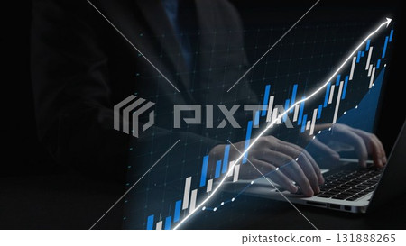 Professional Business Person Analyzing Financial Market Data with Laptop and Graphs in a Modern Office Setting Against a Dark Background Copula 131888265